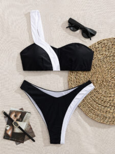 Sexy black and white patchwork single shoulder bikini swimsuit - Image 5