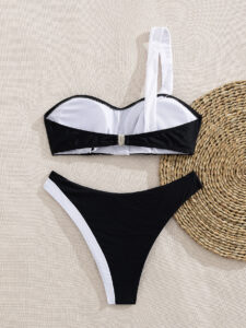 Sexy black and white patchwork single shoulder bikini swimsuit - Image 6