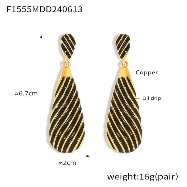 Teardrop-shaped vintage zebra stripe drip glaze copper gold-plated earrings - Image 6
