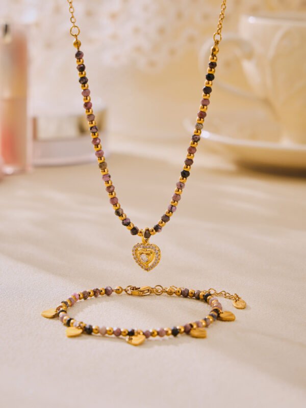 Natural stone small gold bead heart necklace CHOKER bracelet set - Image 4