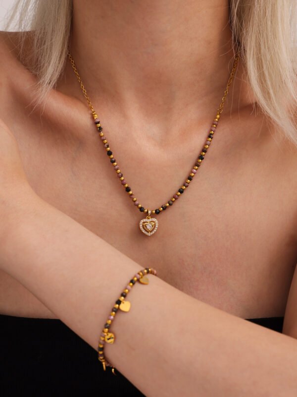Natural stone small gold bead heart necklace CHOKER bracelet set