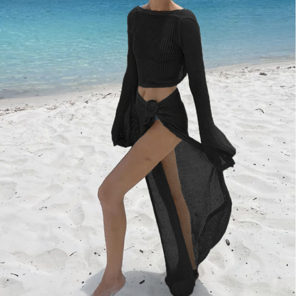 Tie-strap long-sleeved top One-piece tie-strap maxi skirt set - Image 4