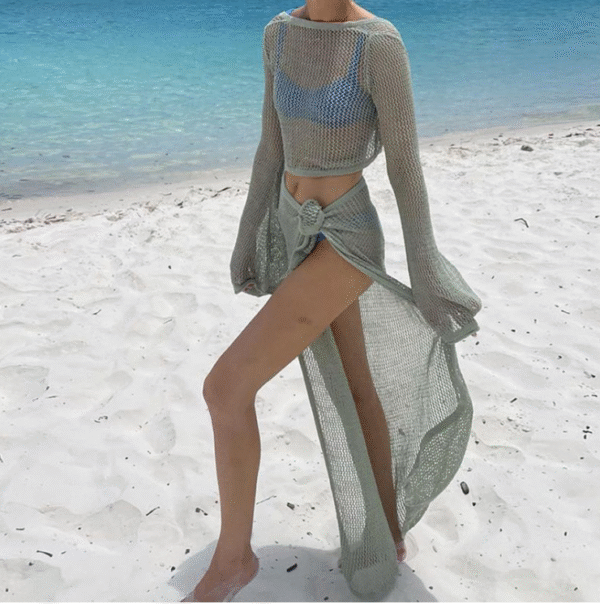 Tie-strap long-sleeved top One-piece tie-strap maxi skirt set - Image 5