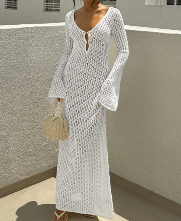 Hollow texture V-Neck long sleeve resort maxi dress