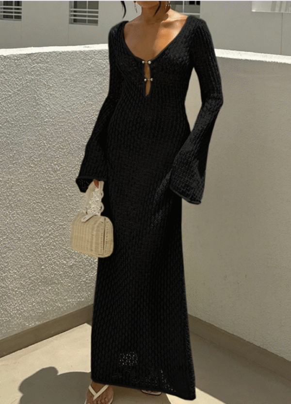 Hollow texture V-Neck long sleeve resort maxi dress - Image 3