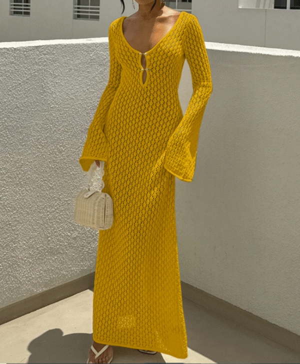 Hollow texture V-Neck long sleeve resort maxi dress - Image 4