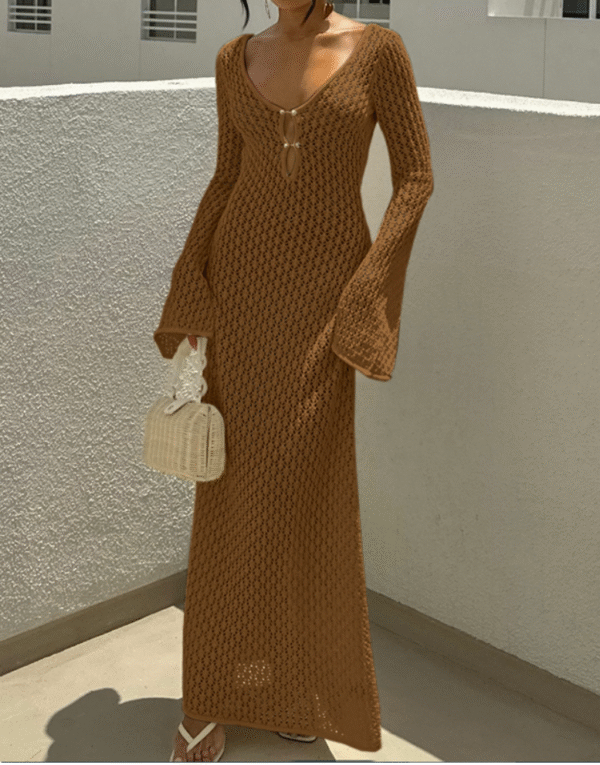 Hollow texture V-Neck long sleeve resort maxi dress - Image 5